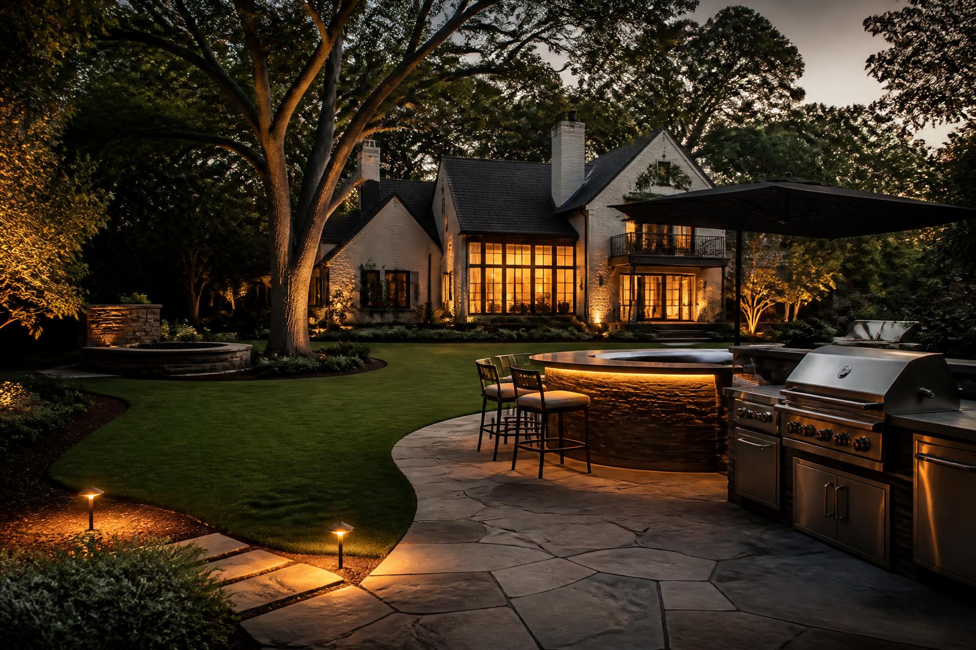 Luxury Birmingham backyard at twilight with warm landscape lighting, patio, and outdoor kitchen
